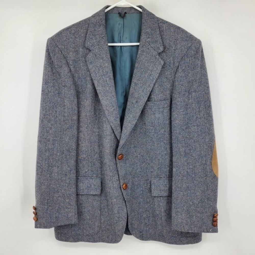 Vintage Farah WBYF‎ Wool Blue Herringbone Tweed Blazer Suede Elbow Patches 44R